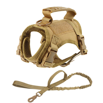 Tan dog harness and leash set on a white background
